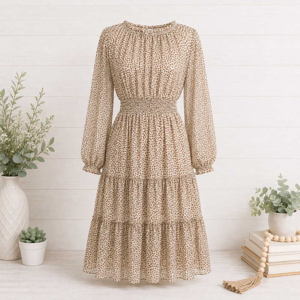 Kate and Lily 6 Tiered Midi Dress Animal Print Leopard Smocked Waist Brown Cream